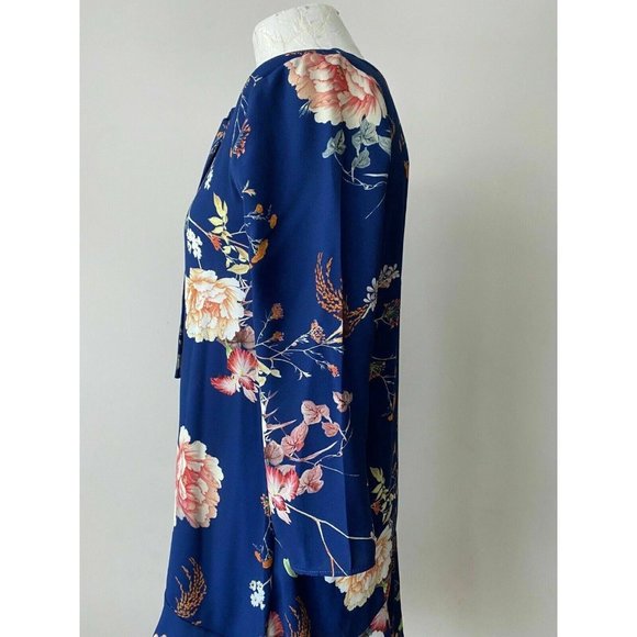 River Island Navy Blue Floral Long Sleeve Dress Size 10 Neck Hollow Bow Tie Back - Picture 8 of 9